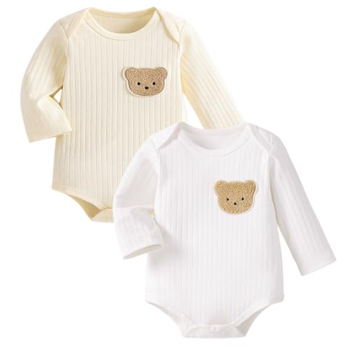 Babyfond 2 Pack Organic Cotton Unisex Baby Bodysuit Vests for 0-6 Months,Comfortable Bodysuits for Boys & Girls (White, 3-6 Months)