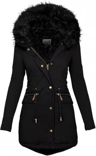 KaloryWee Summer Wintermäntel für Damen, warmes Kunstfellfutter, Kapuzenmantel, Übergröße, dicke Jacken, mittellang