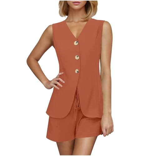 Women Summer 2 Piece Blazer Outfits 2025 V Neck Sleeveless Button Down Vest Shorts Sets Business Work Matching Set