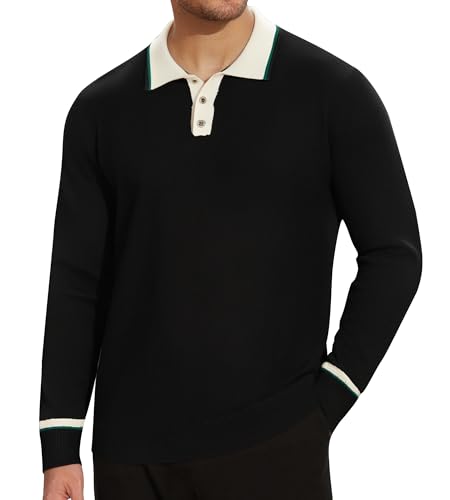 Alex Vando Mens Knit Polo Shirts Long Sleeve Sweater Casual Fashion Classic Button Down Polo Shirts