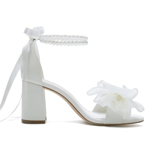 Image of Pearl Wedding Shoes for Bride Block Heel Wedding Sandals Open Toe Bridal Shoes Bow Knot Heeled Sandals