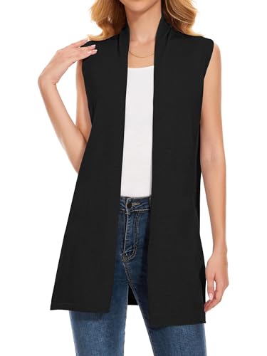 Women's Long Knit Cardigans Ribbed Sleeveless Sweater Casual Outwear Open Front Draped Duster Vest