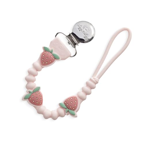 Image of Itzy Ritzy Silicone Pacifier Clip; 100% Food Grade Silicone Pacifier Strap with Clip Keeps Pacifiers, Teethers & Small Toys in Place; Features One-Piece Design & Cord (Strawberry)