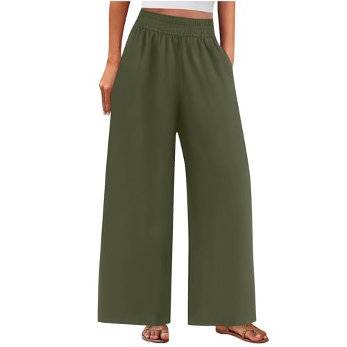 Linen Pants Women Summer Wide Leg Palazzo Pants Casual Elastic Waist Pants Vacation Flowy Linen Trousers with Pockets