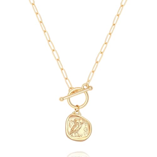 POTESSA 18k Gold Owl Coin Pendant Necklace for Women Paperclip