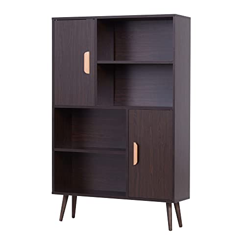 HOMCOM Bibliothèque scandinave 4 niches + 2 placards avec étagère dim. 80L x 24l x 123H cm Pieds effilés inclinés Bois Massif Panneaux Particules wengé