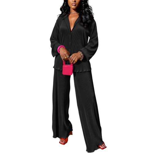 kaimimei Casual 2 Piece Outfit for Women Shirt and Wide Leg Pants | Button Down Shirt, Flare Pleated, Loose Fit, Lightweight Fabric, Casual Look, Travel, Vacation, Airport, Brunch