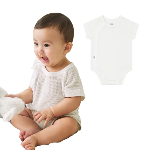 [Konny] Newborn コットンメッシュボディスーツ あせもの心配ゼロ 夏服 の着心地、通気性 カバーオール 敏感な肌にもOK! 綿100% 柔らかい素材 半袖 新生児 クリーム 80cm