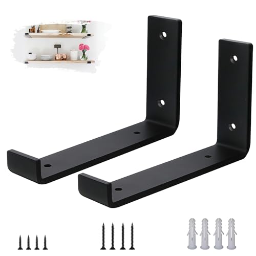 VTOPVMAX Scaffold Board Shelf Brackets 2 Pack - 5mm Thick Steel Heavy Duty Shelf Supports with Lips for 8 x 4 Inch (20cm x 10cm), Industrial Rustic Black Wall Shelf Brackets Kit