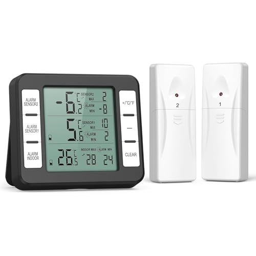 ORIA Refrigerator Thermometer, Wireless Digital Freezer Thermometer with 2 Wireless Sensors, Audible Alarm, Min and Max Record, LCD Display for Home, Restaurants, Bars, Cafes (Black)
