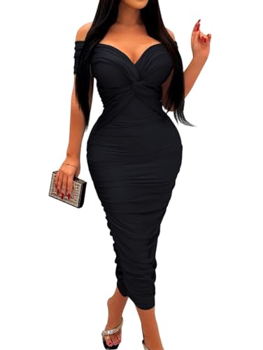 BEAGIMEG Women's Sexy Elegant Bodycon Sleeveless Ruched Off Shoulder Night Party Cocktail Midi Dress