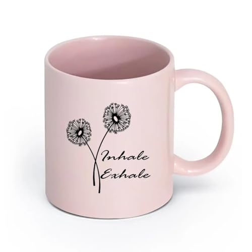 AYUEHBN cerámica Taza de té Inhala, exhala, palabras, cita, yoga, meditación, diente de león, flor （11oz/320ml） Para cafetería o restaurante Rosa