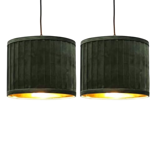 firstchoicelighting Set of 2 Modern Dark Green Pleated Velvet Ceiling Pendant/Table Lamp Easy Fit 25cm Light Shades, Gold Inner