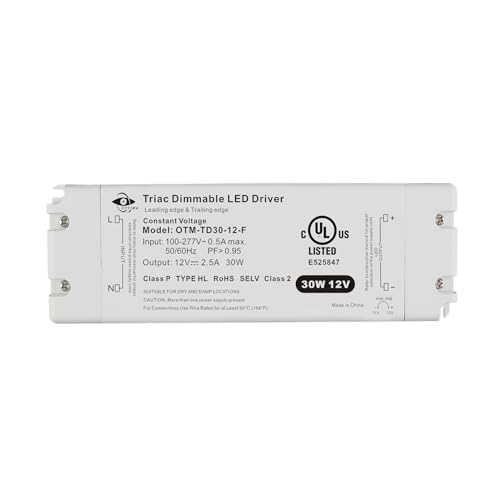 Image of 30W 12V LED Driver Triac Dimmable, Constant Voltage Power Supply, AC 100-277V to DC 12V Low Voltage Transformer for LED Strip Lights, Compatible with Lutron Leviton Dimmers, Class 2, UL Listed