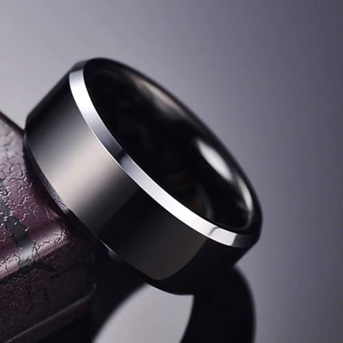 Men’s Black Tungsten Ring Classic Polished Band with Silver Edges Scratch Resistant, Waterproof Comfort Fit Wedding Ring Ideal Gift for Him (18)