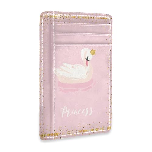 Slim Minimalist RFID Blocking Wallet, Front Pocket Leather Credit Card Holder Unisex Case Protector Covers Print White Swan With Gold Crown Pink Pattern