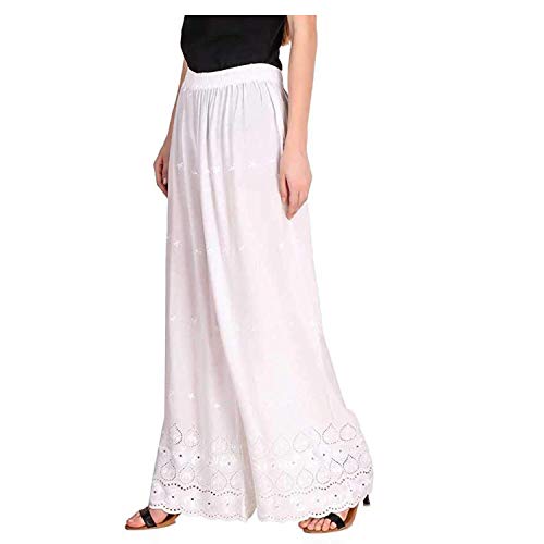 Image of TRIFON Women Mid Rise Lucknow Chicken Embroidred Cotton Rayan Regular Fit Palazzo Color White Free Size 28 to 38.