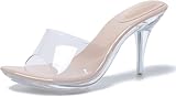 LIURUIJIA Clear Heels For Women Sexy Slip On Open Toe High Heeled Dressy Sandals Comfortable Strappy Mules Apricot 9.5