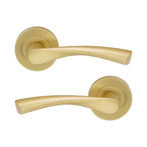 Infinity Decor Twisted Lever on Rose Modern Internal Door Handles Set with Options of Latch Lock Bathroom Door Pack - Satin Brass (Lever Handles Only)