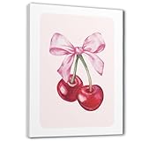 Ty-You-011 Prints Coquette Wall Decor, Preppy Pink Bow Red Cherry Canvas Wall Art Prints, Coquette Room Decor, Girly Bedroom Decor, Pink Bow Wall Art Posters for Girls Room Dorm,11x14 Inch Framed