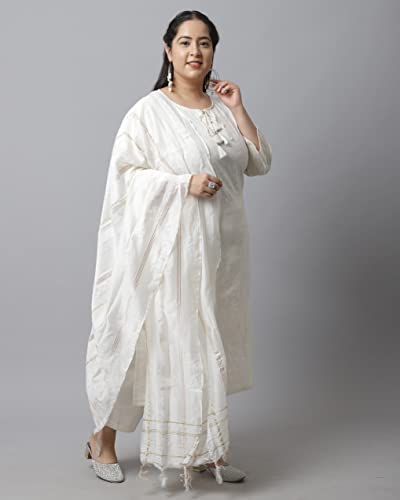 Image of Rajnandini Women's Pure Cambric Cotton Embroidered Plus Size Kurta Set With Dupatta (JOPLVL214X Off-White)