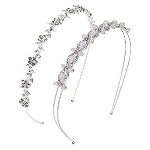 2 Pieces Wedding Party Women's Faux Pearl Rhinestones Headband Flower and Leaves Crown Hair Band for Bride Bridesmaids Cover