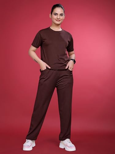 Image of Women's Round Neck Pajamas set in Polyester And Gym Outfit with Side Pockets and Drawstring Waist