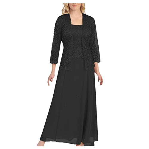 Lace Dress for Women Chiffon Party Wedding Long Dress Plus Size Mother of The Bride Lace Formal Gowns and Evening Dress Solid Color Open Front Cardigan Dress(Black,3X-Large)