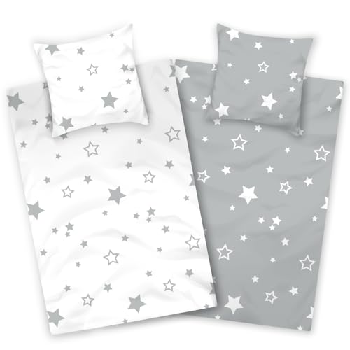 Aminata kids Bettwäsche 135x200 Sterne weiß grau Baumwolle Stern-Motiv,...