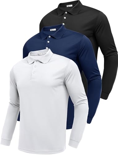PINSPARK 3 Pack Mens Long Sleeve Golf Polo Shirt Moisture Wicking Quick Dry