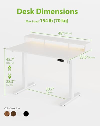 Image of Agilestic 48x24 Inch Electric Standing Desk with Shelf, Height Adjustable Desk with Power Outlets & LED, Sit Stand Up Table with Monitor Stand, Computer Workstation, White