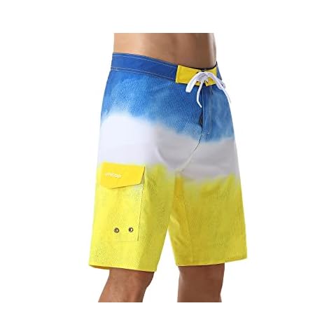 unitop Men's Beach Shorts Summer Contrast Color Striped Bathing Suits Drawstring Yellow&Blue 38 Cover