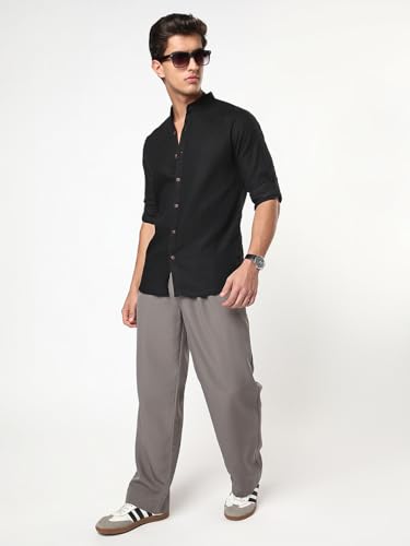 Image of Urbano Fashion Men's Linen Blend Full Sleeve Relaxed Fit Mandarin Collar Casual Solid Shirt