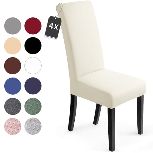 Fundas para sillas Pack de 4 Fundas sillas Comedor Fundas elásticas, Cubiertas para sillas,bielástico Extraíble Funda, Muy fácil de Limpiar, Duradera (Paquete de 4, Cream)