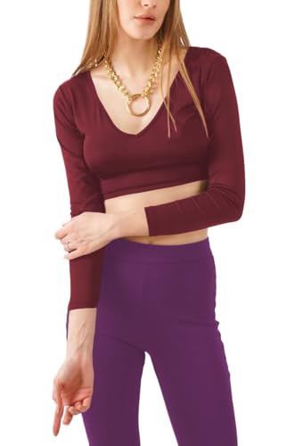 Image of THE BLAZZE Women's Cotton Regular Fit Stretchable Deep V Neck Full Sleeve Readymade Crop Top T- Shirt for Women L474