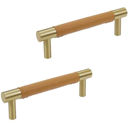 LC LICTOP 4.56 Inch Modern Leather Cabinet Pulls 2Pcs, 96mm/3.78" Hole Spacing, Brass Tone Zinc Alloy Pull Handle for Furniture Drawers Cabinet Dresser Cupboard Wardrobe Door