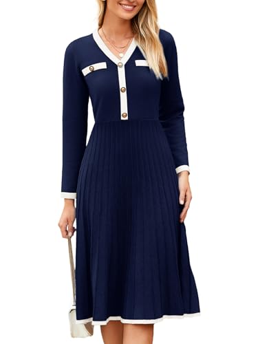 Simplee Womens Midi Sweater Dress 2024 Fall Long Sleeve Ribbed Knit A Line Pleated Dresses (Navy Blue M)