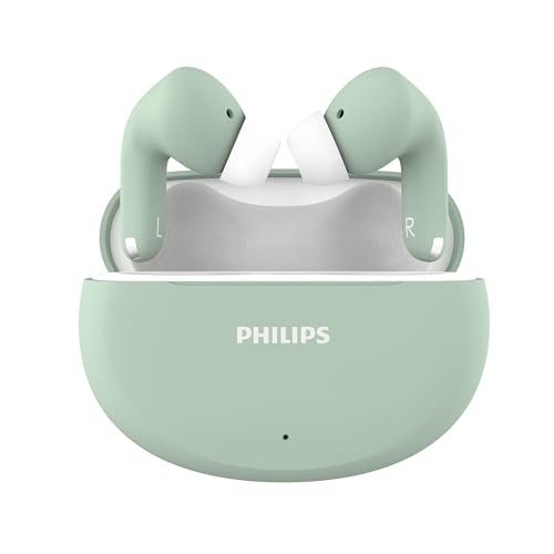 Philips TAT1269 Bluetooth Truly Wireless in Ear Earbuds with mic, 13mm Drivers, Bluetooth 5.4, 40H Playtime, IPX5, Fast Charging,Touch Controls, Voice Assistant, Mono Mode, LED Indicator(Frosty Green)