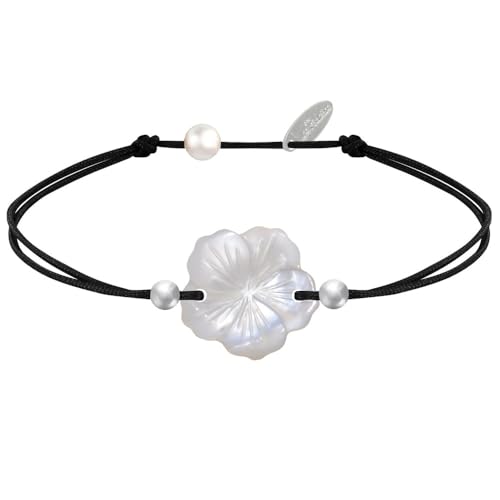 LES POULETTES BIJOUX - Bracelet Lien Fleur de Nacre Ivoire et Perles d'Argent 925 - Classics - Noir