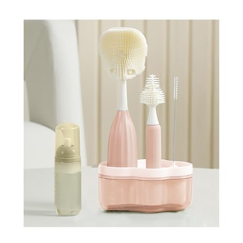 Image of Baby Bottle Brush Kit with Push-Press Bubble and Drying Rack for Bottle Cleaning, Bendable Bottle Cleaner Brush for Baby Bottles, Breast Pumps, Nipples, Straws and More. Perfect for Home&Travel (Pink)