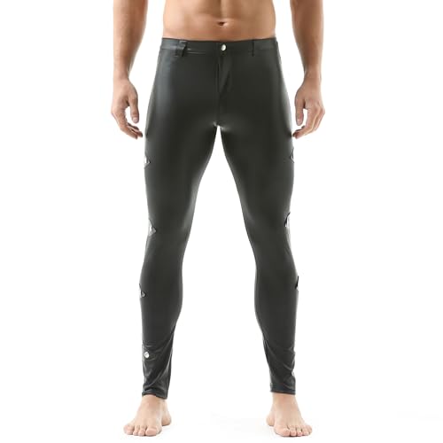 YOOBNG Men\'s Faux Leather Tight Pants Leggings Long Skinny Bottoms Stretchy Motorcycle Pants Clubwear Black - Thumbnail 2
