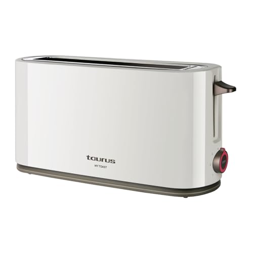 Taurus Mytoast - Tostadora de pan de una ranura larga y extra ancha 1000W. Función cancelar, recalentar y descongelar. 7 niveles de tostado. Sistema Auto-Centrado. Bandeja recogemigas.