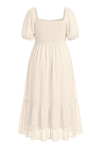 Image of Plus Size Summer Dresses - Swiss Dot Smocked Square Neck Puff Sleeve Boho Maternity Maxi Dress for Baby Shower Wedding Guest