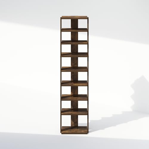 Image of Furinno Turn-N-Tube Corner Shelf, 9-Tier Display Rack, Vertical Corner Storage Rack, Space Saving Organization and Storage, Entryway, Living Room, Closet, Amber Pine