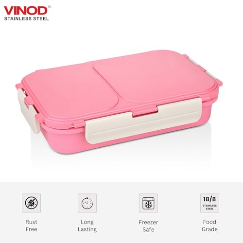 Image of Vinod GO-Tiffin Stainless Steel 2 Compartment Insulated Lunch Box | Pink | Leaf-Proof, Vacuum Sealed & Air Tight | Tiffin Box for Office, Kids & Adults | Freezer Safe | with Safety Lock