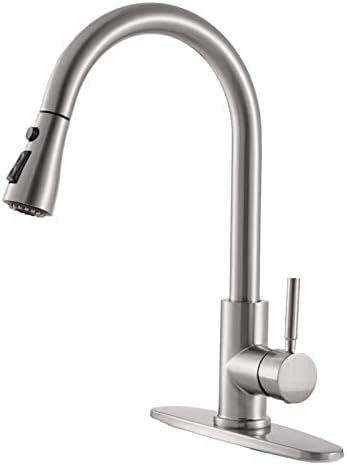 VAPSINT High Arc Single Handle Brushed Nickel Kitchen Faucet with Pull Down Sprayer,Commercial Modern Stainless Steel Kitchen Sink Faucet,Deck Mount Single Hole Pull Out Faucet for Kitchen Sink