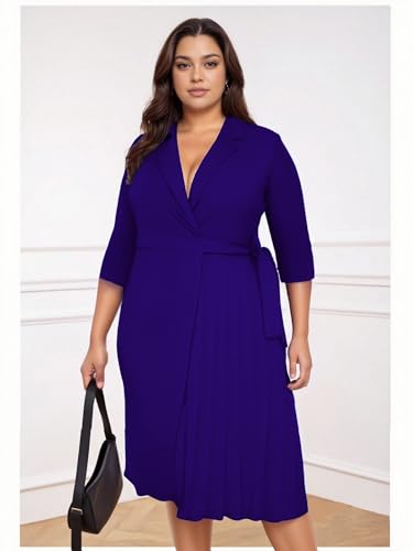 Image of Hostoyo Plus Size Wrap Dress Elegant Pleated Formal Midi Dresses Suit Collar 3 /4 Sleeve Belted Casual Church Outdoor Office