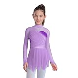 inlzdz Mädchen Langarm Tanzkleid mit Glitzern Eiskunstlauf Kürkleid Ballettkleid Trikot Leotard mit Rock Kinder Tanzkleidung Wettkampf Bühnen Lavendel 170