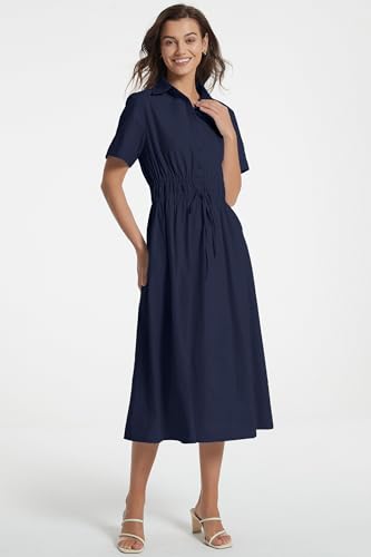 Image of Ladyful Women Casual Button Down Short Sleeve Shirt Dress Tie Waist Midi Shirt Dress Elegant Business Party