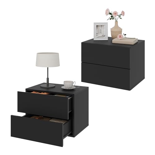 WOLTU Mesitas de Noche Flotantes, Juego de 2 Mesitas Auxiliares con 2 Cajones, Estanterías Colgantes, Mesas de Noche Montada en Pared para Salón y Dormitorio, Madera, Negra, NTS25sz